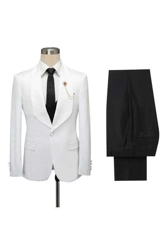 Miles White Jacquard Close Fitting Shawl Lapel Wedding Suits