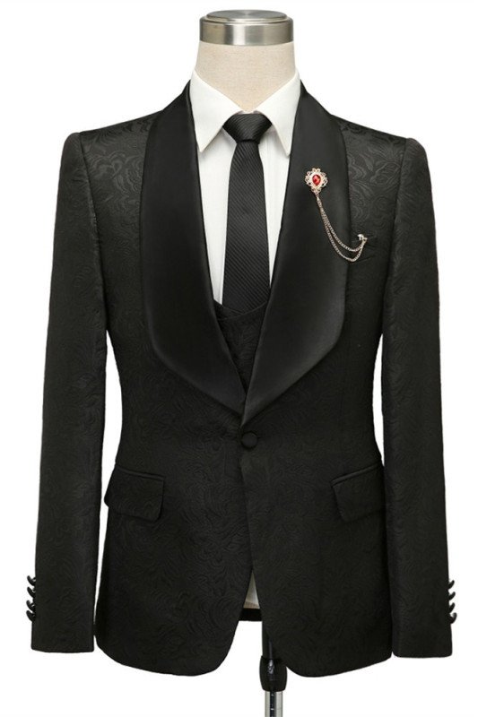 Newest Fashion Black Jacquard Shawl Lapel Wedding Suits