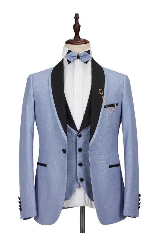 Cool Light Blue Stitching Black Shawl Lapel One Button Men Suit for Wedding