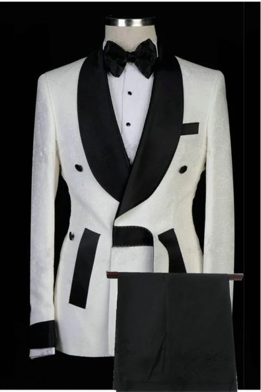 Modern White Jacquard Shawl Lapel Chic Men Suits for Wedding