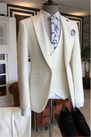 Caiden White 3-Piece Peaked Lapel Bespoke Men Suits for Wedding Caiden White 3-Piece Peaked Lapel Bespoke Men Suits for Wedding