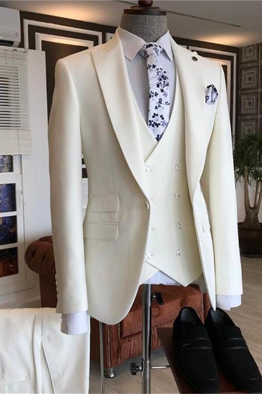 Caiden White 3-Piece Peaked Lapel Bespoke Men Suits for Wedding