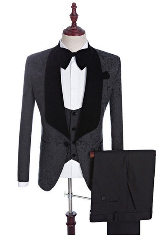 ModernBlack Jacquard Three-Pieces Shawl Lapel Wedding Suits for Men