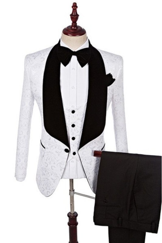 Newest White 3-Piece Chic Jacquard Shawl Lapel Wedding Suits