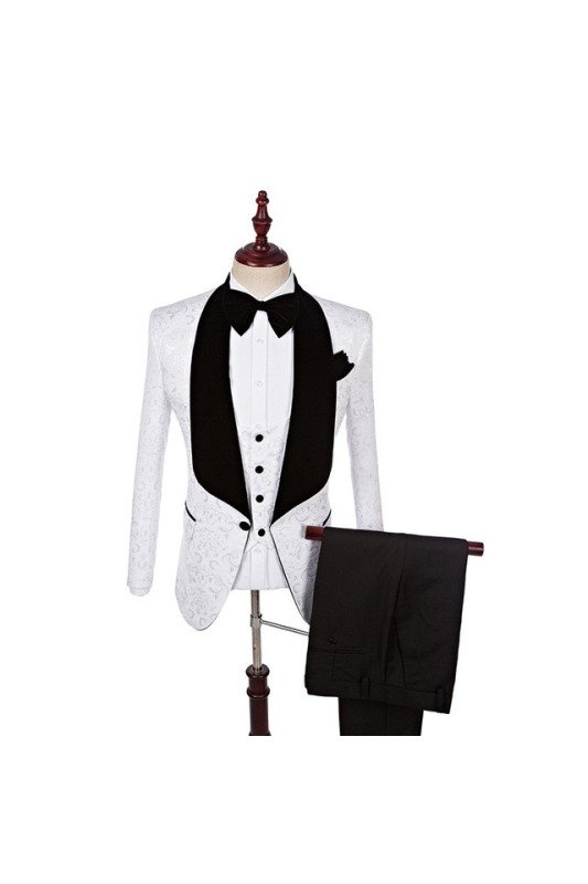 Newest White 3-Piece Chic Jacquard Shawl Lapel Wedding Suits