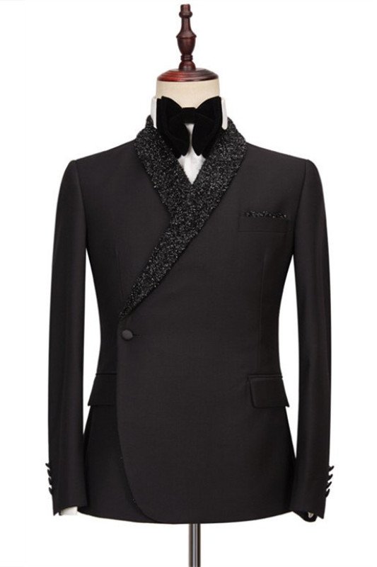 Modern Sparkly Shawl Lapel Black One Button Wedding Suits