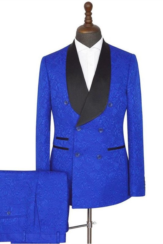 Ramon Royal blue Shawl Lapel Best Fitted Double Breasted Jacquard Wedding Suits