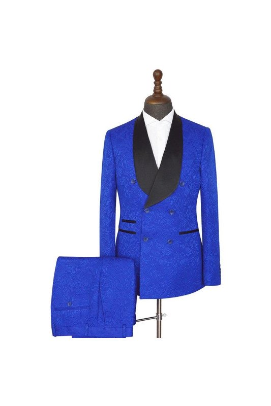 Ramon Royal blue Shawl Lapel Best Fitted Double Breasted Jacquard Wedding Suits