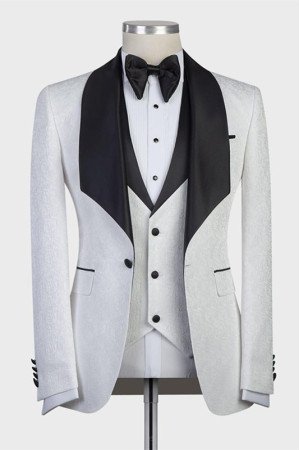 New Arrival White 3-Pieces Jacaquard Wedding Groom Suits with Black Shawl Lapel
