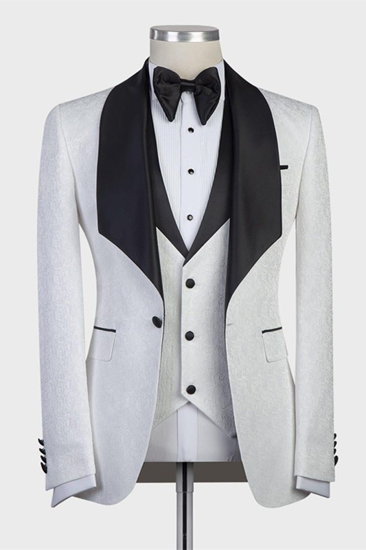 New Arrival White 3-Pieces Jacaquard Wedding Groom Suits with Black Shawl Lapel