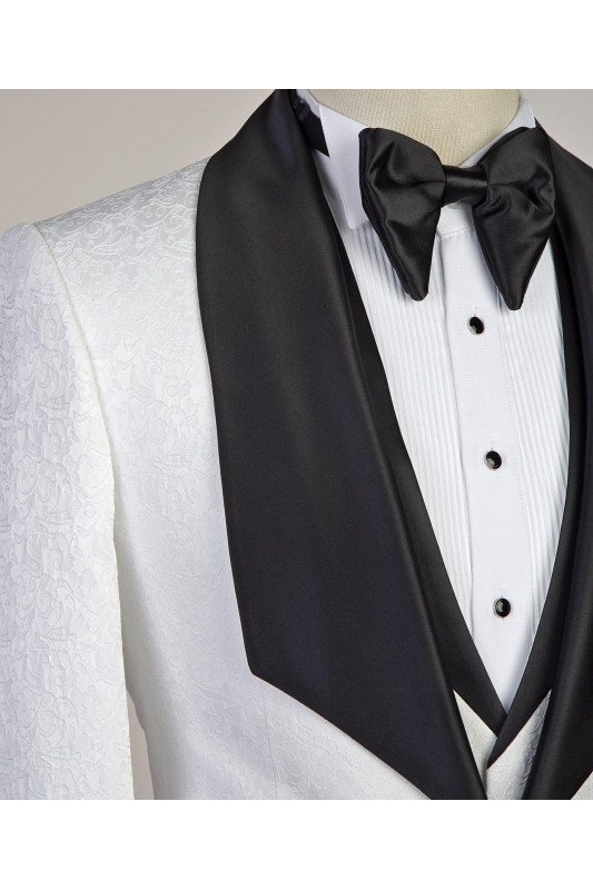 New Arrival White 3-Pieces Jacaquard Wedding Groom Suits with Black Shawl Lapel