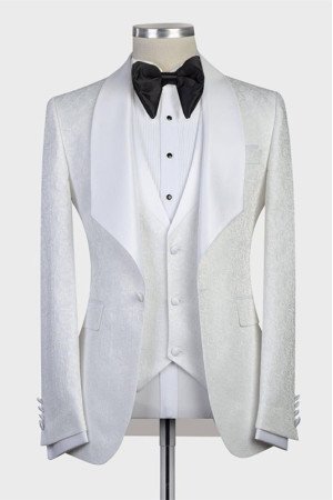 Best Fitted Bespoke Three-Pieces White Jacquard Shawl Lapel Wedding Tuxedo Best Fitted Bespoke Three-Pieces White Jacquard Shawl Lapel Wedding Tuxedo