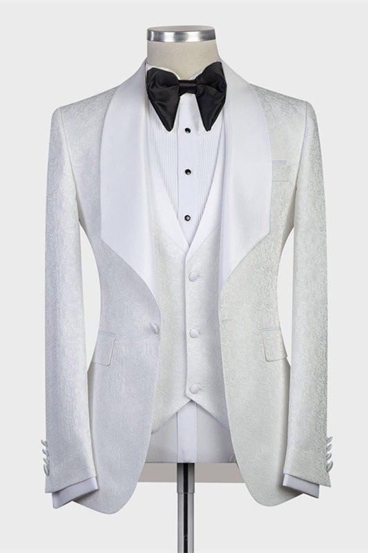 Best Fitted Bespoke Three-Pieces White Jacquard Shawl Lapel Wedding Tuxedo