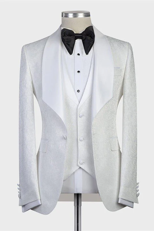 3 Piece White Jacquard Shawl Lapel Blazers Wedding Tuxedos For Men main image 0