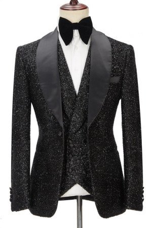Latest Sparkly Black 3-Piece Shawl Lapel Bespoke Wedding Suit for Men Latest Sparkly Black 3-Piece Shawl Lapel Bespoke Wedding Suit for Men