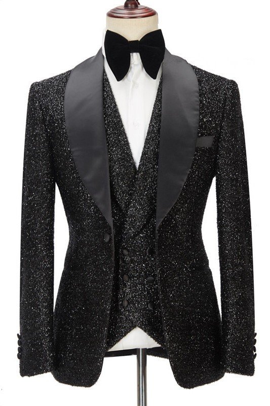 Latest Sparkly Black 3-Piece Shawl Lapel Bespoke Wedding Suit for Men