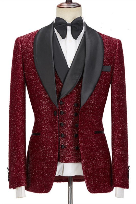 Latest Sparkle Red 3-Piece Wedding Suits with Black Shawl Lapel