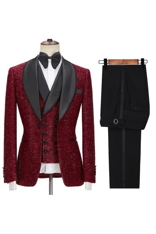 Latest Sparkle Red 3-Piece Wedding Suits with Black Shawl Lapel