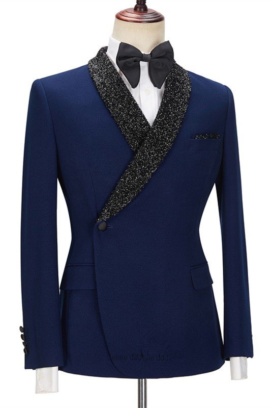 New Arrival Dark Navy Bespoke Best Fitted Men Suits with Black Lapel