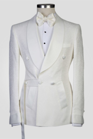 Chic White Jacquard Shawl Lapel Double Breasted Men Suits for Wedding