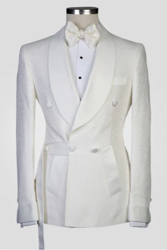 Dennis White Jacquard Shawl Lapel Three Piece Men Suit for Wedding Prom