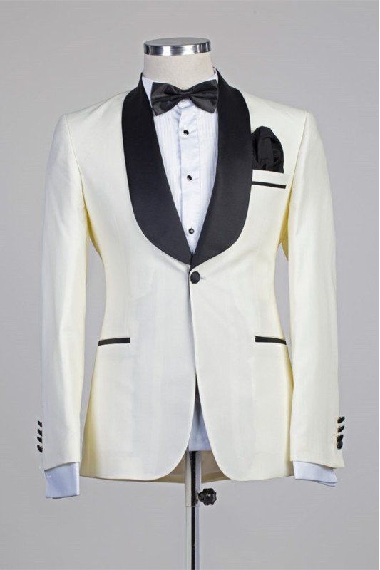 Modern Ivory One Button Simple Best Fitted Wedding Suits with Black Lapel