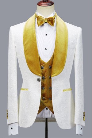 Cyrus 3-Piece Jacquard White Wedding Men Suit with Velvet Lapel