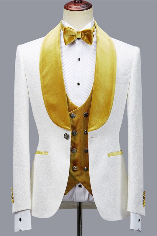 Cyrus 3-Piece Jacquard White Wedding Men Suit with Velvet Lapel