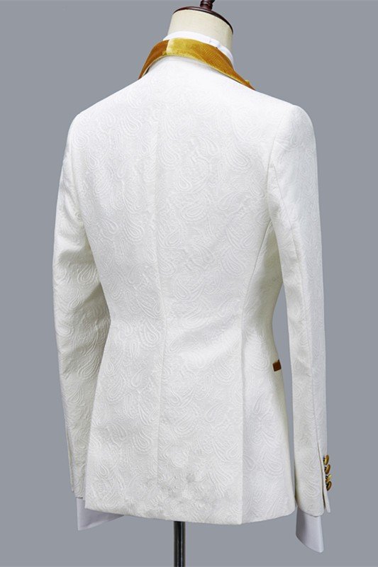 Cyrus 3-Piece Jacquard White Wedding Men Suit with Velvet Lapel