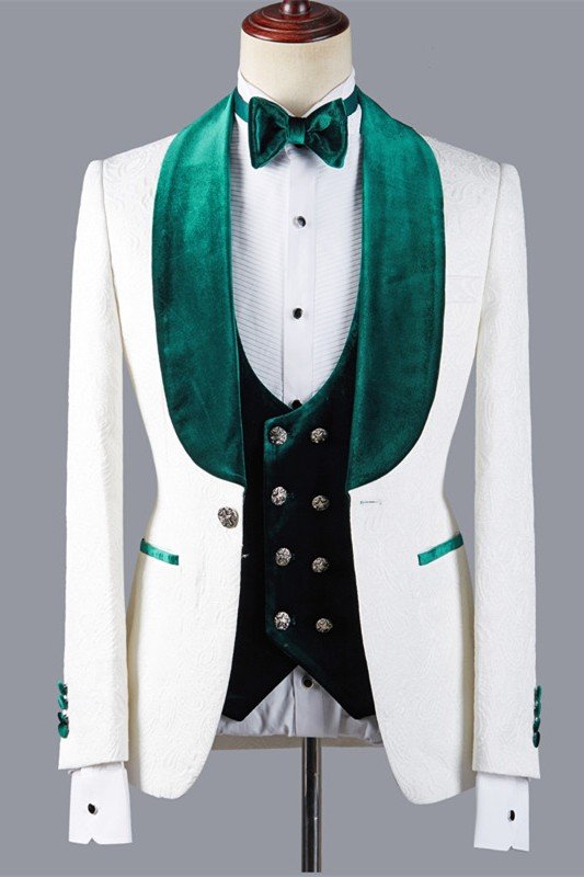 Jeffery Chic Jacquard 3-Piece White Wedding Suit with Green Lapel