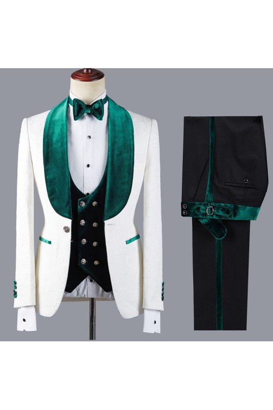 Jeffery Chic Jacquard 3-Piece White Wedding Suit with Green Lapel