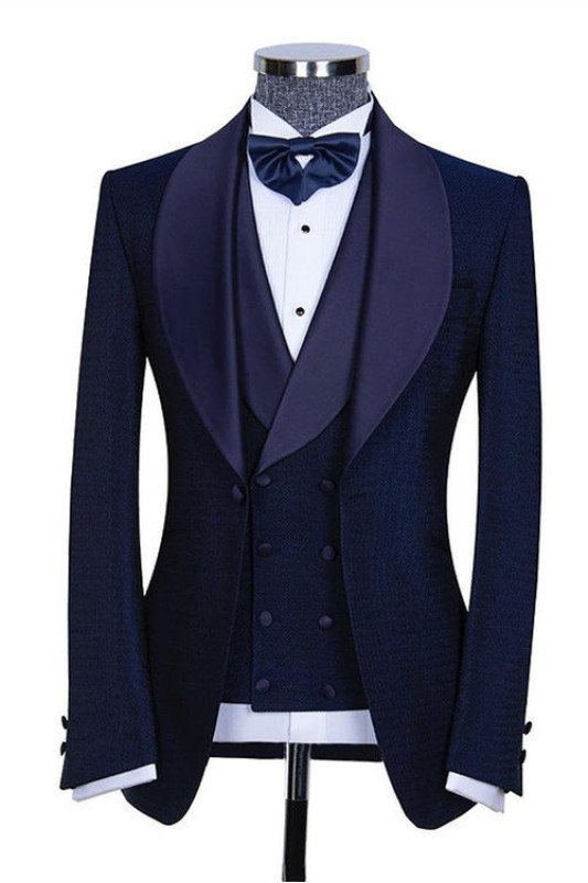 Skylar Dark Navy Shawl Lapel 3-Piece Best Fitted Wedding Suits for Men