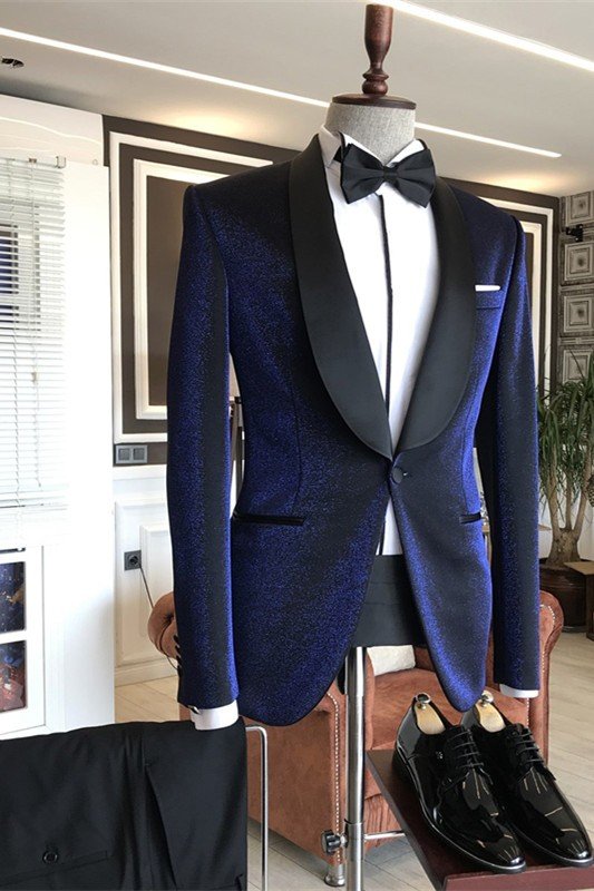 Modern Sparkly Navy Blue Shawl Lapel Wedding Suits with Black Lapel