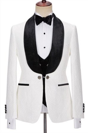 Newest White Jacquard 3-Piece Wedding Men Suits with Velvet Lapel Newest White Jacquard 3-Piece Wedding Men Suits with Velvet Lapel