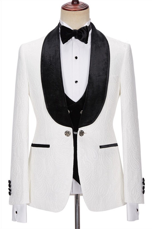 Newest White Jacquard 3-Piece Wedding Men Suits with Velvet Lapel