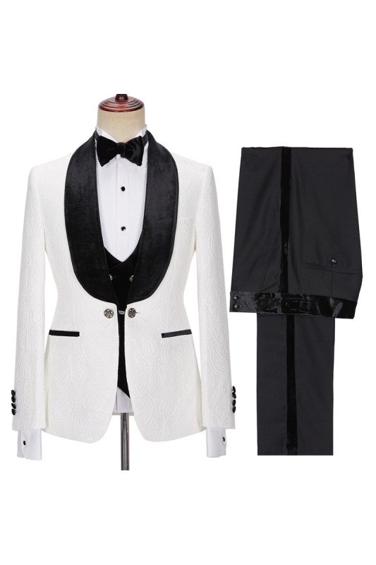 Newest White Jacquard 3-Piece Wedding Men Suits with Velvet Lapel