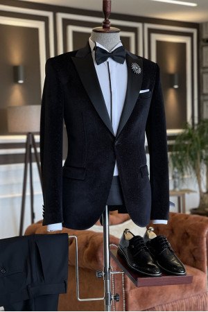 Fashion All Black Velvet 2 Pieces Peaked Lapel Wedding Suits For Men Fashion All Black Velvet 2 Pieces Peaked Lapel Wedding Suits For Men