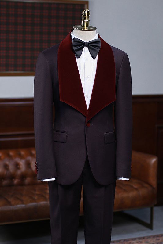 Alexander Modern Burgundy 2 Pieces With Velvet Lapel Wedding Suit for Men