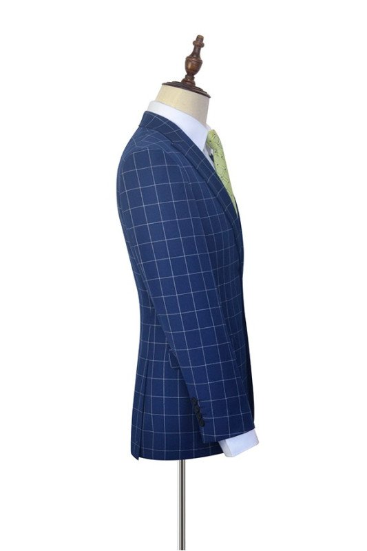 Stylish Flap Pocket Peak Lapel Grey Checked Navy Blue Mens Suits