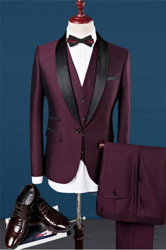 Burgundy Best Fitted Shawl Lapel Groomsmen Suit | Chic Black Trim Business Suits