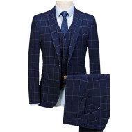 Navy Blue Three Pieces Plaid Mens Suits | Best Fitted Notched Lapel Tuxedos Navy Blue Three Pieces Plaid Mens Suits | Best Fitted Notched Lapel Tuxedos
