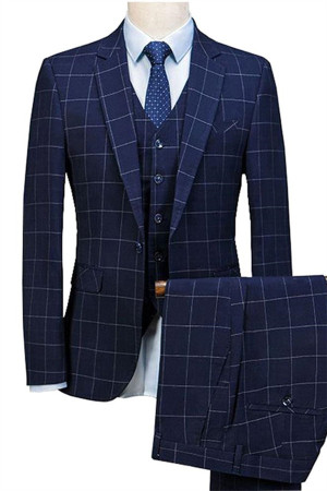 Navy Blue Three Pieces Plaid Mens Suits | Best Fitted Notched Lapel Tuxedos Navy Blue Three Pieces Plaid Mens Suits | Best Fitted Notched Lapel Tuxedos