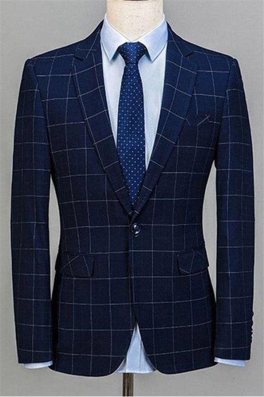 Navy Blue Three Pieces Plaid Mens Suits | Best Fitted Notched Lapel Tuxedos