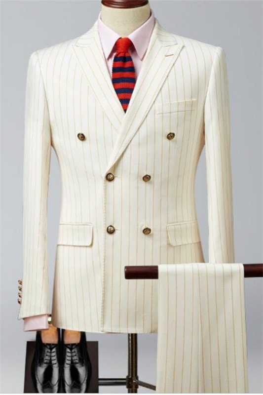 Beige Stylish Double Breast Tuxedo | Formal Stripe Business Men Suits Two Pieces