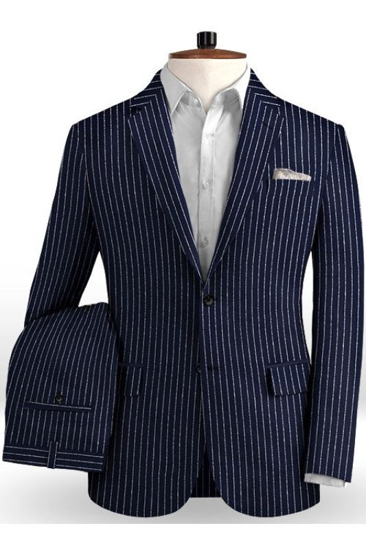 New Arrival Dark Blue Linen Formal Tuxedo | Business Striped Two Pieces Men Suits