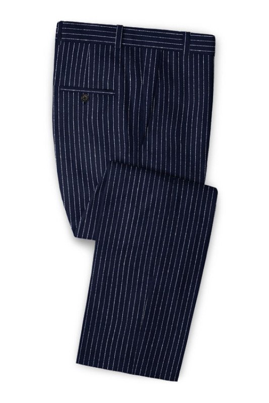 New Arrival Dark Blue Linen Formal Tuxedo | Business Striped Two Pieces Men Suits