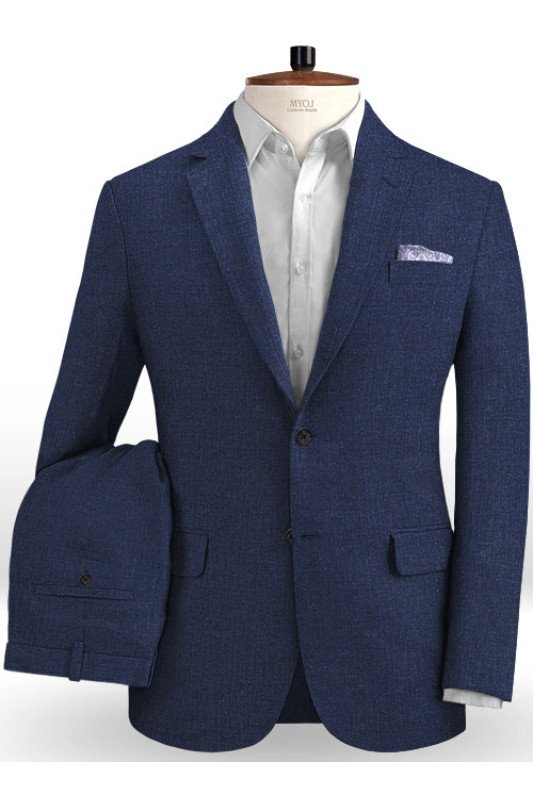 Latest Design Summer Dark Blue Linen Men Suit | Cutsom Best Fitted Two Piece Tuxedo