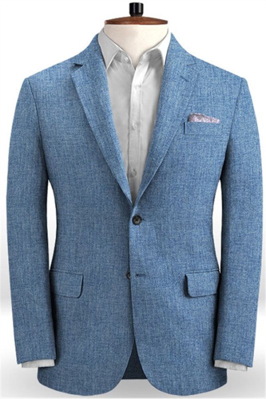 Chic Blue Linen Wedding Suits for Men | Beach Best Fitted Groom Two Piece Tuxedo