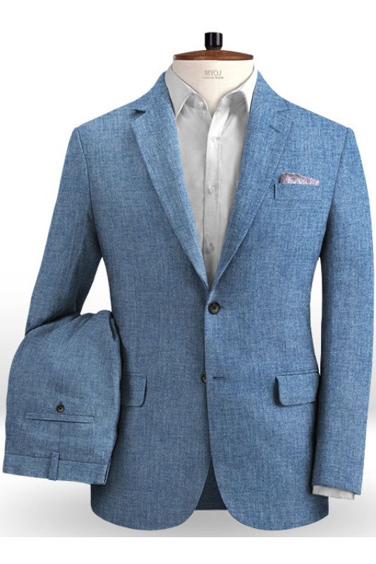 Chic Blue Linen Wedding Suits for Men | Beach Best Fitted Groom Two Piece Tuxedo