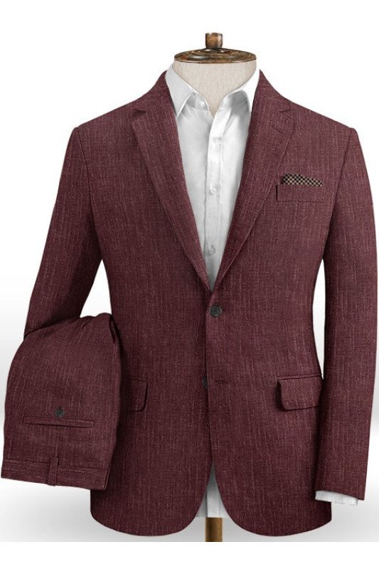 Burgundy Business Men Suits | Notched Lapel Linen Tuxedo